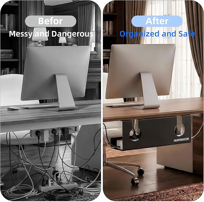 No Drill Under Desk Cable Management Tray with Clamp, Home/Office Desk Cord Organizer and Accessories Storage Shelf, 17'' Metal Cable Organizer for Standing/Gaming Desk, Office Supplies, Black 1 Set