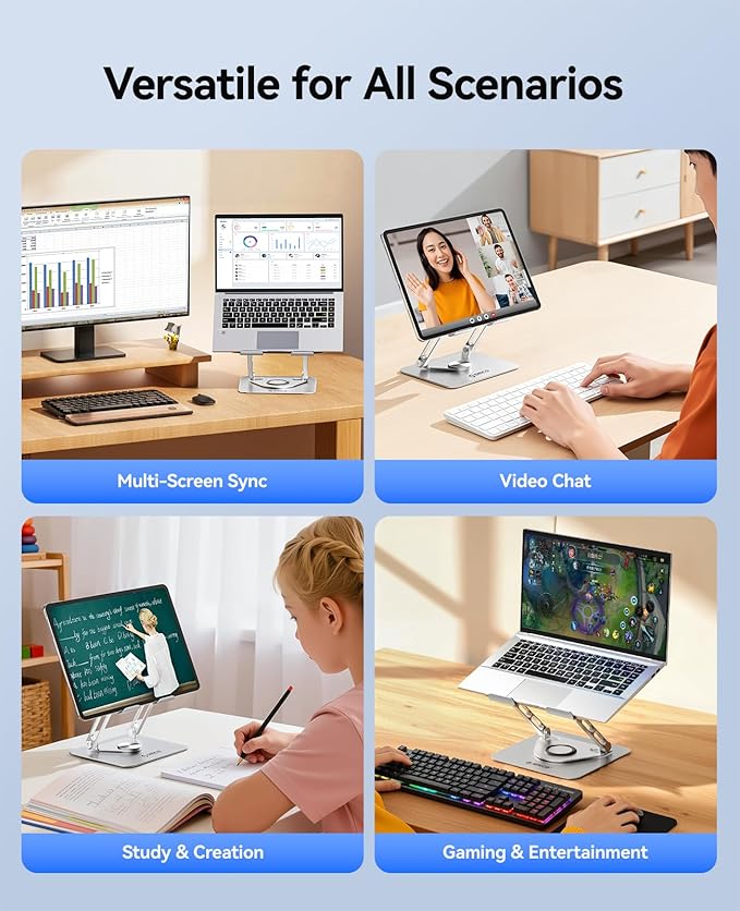 ORICO Adjustable Laptop Stand for Desk, 360° Rotating Base, Foldable Aluminum Alloy Computer Stand with Ventilated Design, Compatible with MacBook Neo/Air/Pro, Dell, XPS, HP up to 17'' - ST12, Silver