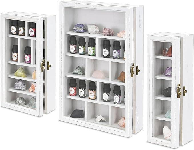 Ikee Design 3 Pcs Set Wall-Mounted Wooden Shadow Cubby Box Display Shelf with 24 Compartments with Door Storage Display Case for Collectibles, Trinkets, Mini Figures, Antique White