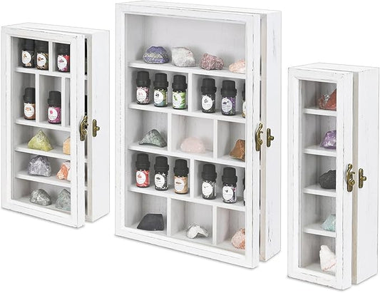 Ikee Design 3 Pcs Set Wall-Mounted Wooden Shadow Cubby Box Display Shelf with 24 Compartments with Door Storage Display Case for Collectibles, Trinkets, Mini Figures, Antique White