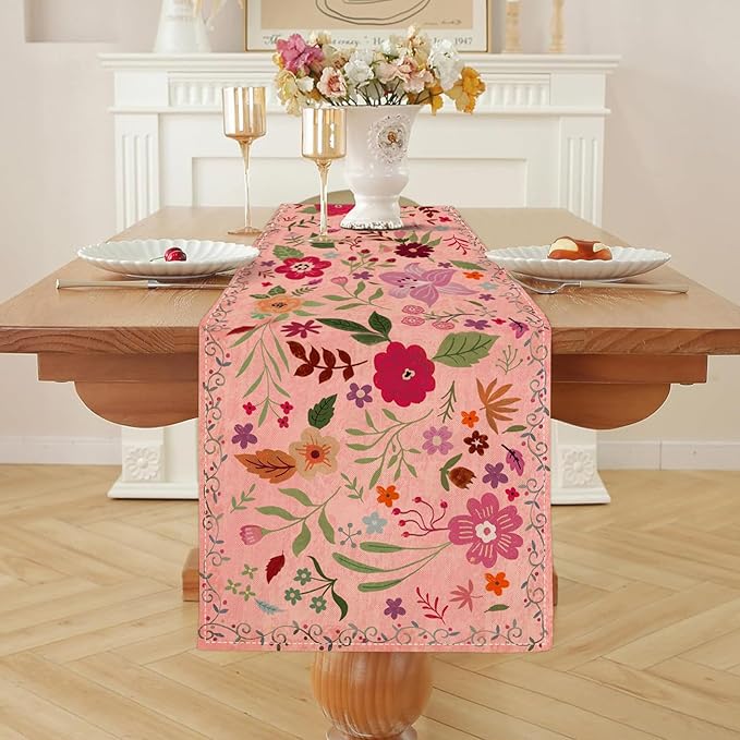 Boho Floral Pink Table Runner,Vintage Elegant Farmhouse Table Center Linen Decor,Country Rustic Farmhouse Magical Fall Kitchen Dining Table Decoration for Home Dining Party Decor 13x108 Inch
