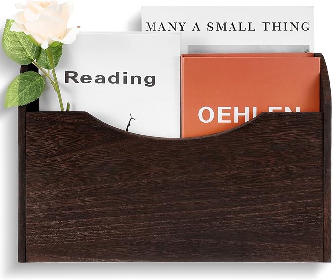 Suzile Wall Mounted File Holder Wood Magazine Holder Wall Hanging File Organizer for Office Mail Magazine Letter Paper Folder Organization (Brown)