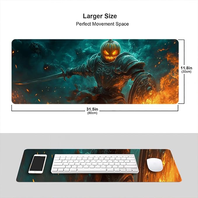 Pumpkin Head Knight Desk Pad Mouse Pad Fantasy Battle Fantasy Legend Extended Gaming Mouse Pad Mat with Stitched Edge Non-Slip Base Big Mouse Pad 31.5"x11.8" Office Computer Keyboard Laptop Home