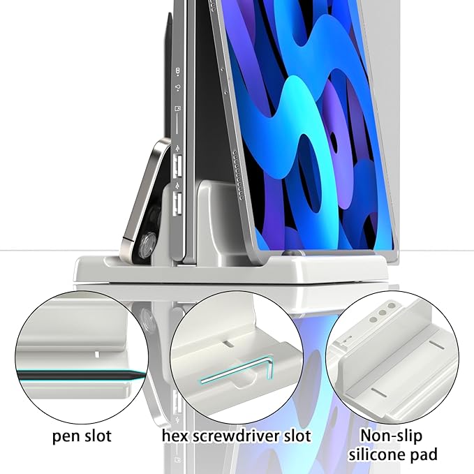 Vertical Laptop Stand Holder - Adjustable ABS Plastic Desktop Management Notebook Dock, Space-Saving 3 in 1 Compatible with All MacBook Pro Air, Mac, HP, Dell, Microsoft Surface (White-1 Slot Version)