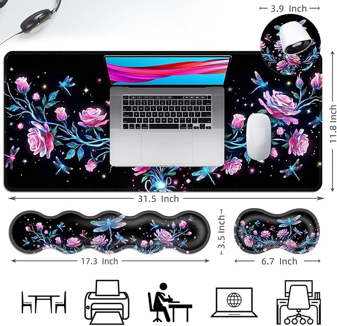 Ergonomic Mouse Pad Set with Wrist Support for Keyboard and Wrist Rest for Mouse, Memory Foam Comfort, Non-Slip Large Desk Mat for Home Office Pain Relief,Rose Dragonfly