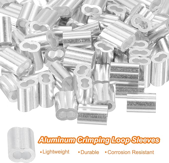 uxcell 100Pcs Aluminum Crimping Loop Sleeve for 3/32" Diameter Wire Rope, Double Ferrule Aluminum Wire Rope Sleeve for Cable Line End