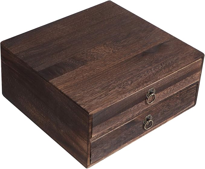 Cabilock Wooden Desktop Drawer Organizer Retro Storage Box with Pull Ring Vintage Style for Office and Home Desk Accessories 10.03X9.64X4.33 Inches