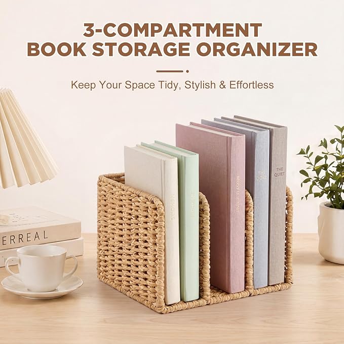 Novabright Woven File Magazine Holder Desk Organizer, 3-compartment Vertical Workspace Sorters for Magazines, Notebooks, Envelopes, Paper Rope Wicker Book & Binder Sorter for Home Office