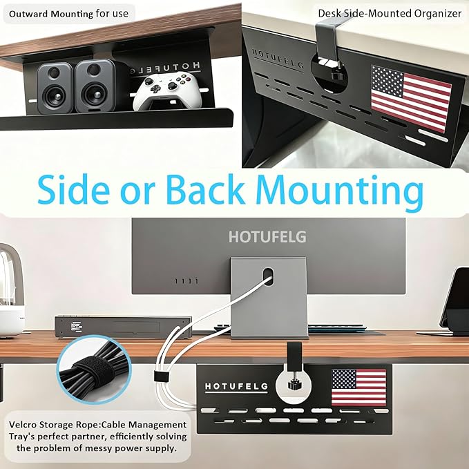 Under-Desk Cable Management Tray No-Drill, 13.7 inch/35 cm Cable Manager with Clamp Mount, Desktop Power Cord Concealment for Office and Computer Desktop Power Cord Management(with Flag 1 Piece Set)