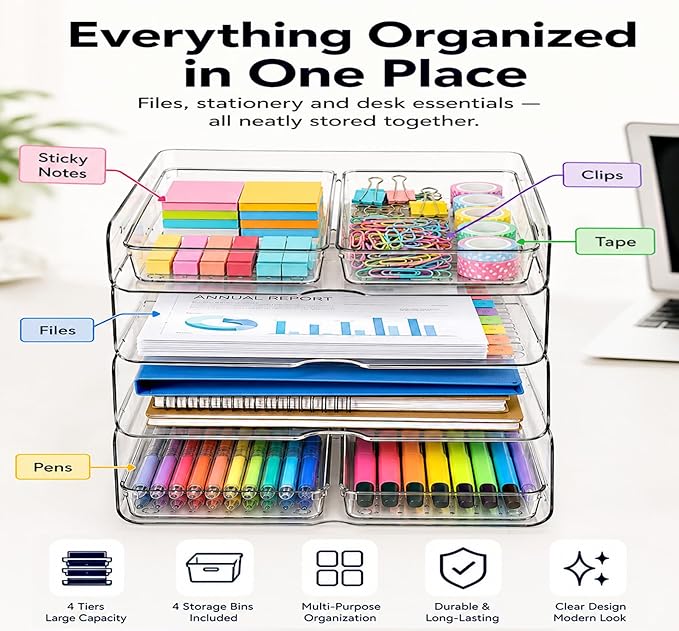 DCA 4 Tier Acrylic Desk Organizer with 4 Storage Bins, Clear Paper Tray Organizer for Letter Size Files, Office Desk Organization System for Documents, School Supplies & Accessories