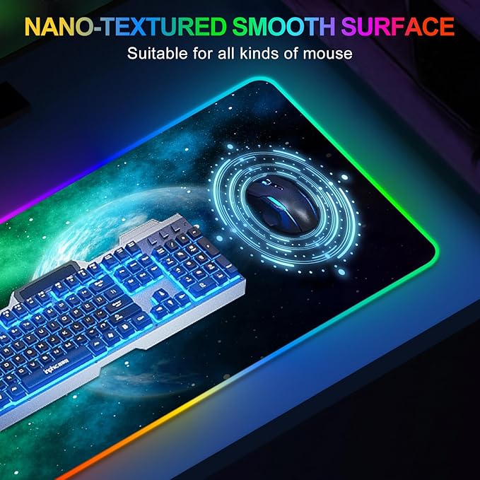 ARTSO Large RGB Gaming Mouse Pad, Led Big Mouse mat with 14 Light Modes, Extended Soft Computer Keyboard Mat Non-Slip Rubber Base, Green Planet Nebula