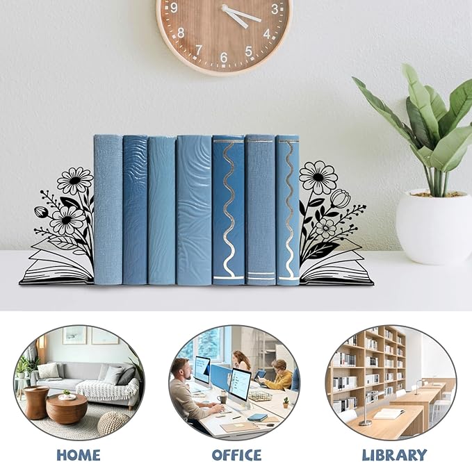 Metal Bookends Flower & Book Bookends Decorative Cute Book Ends for Shelves Bookshelf Reading Decor Bookshelf Decor Space-Saving Desk Organizer for Book Lovers Gift