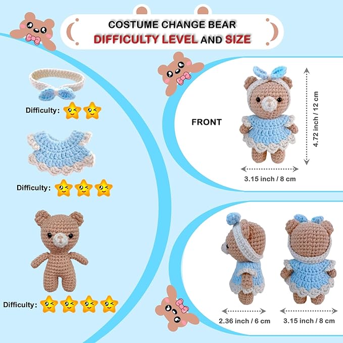 LoopMap Amigurumi Crochet Kit for Beginners with Removable Dress & Video Tutorials, DIY Bear Making Kit Includes Premium Yarn & Tools, Creative Gift for Adults Teens (Blue)