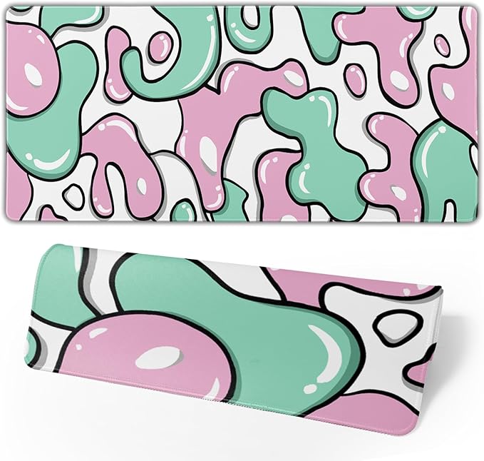 Pink Green White Mouse Pad 35.4”x15.7” Anime Cool Geometric Japanese Desk Mat Extended XXL Mouse Pad Non-Slip Rubber Base Stitched Edge Keyboard Mouse Mat Laptop Desk Pad Large for Working