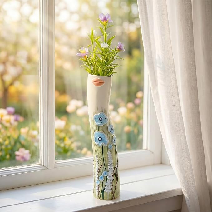 Cute Face Bud Vase, Hand Painted Resin Mini Vase, Boho Decorative Vase for Desk Shelf Living Room Decor, Unique Gift Idea for Women (Lips & Blue Blooms)