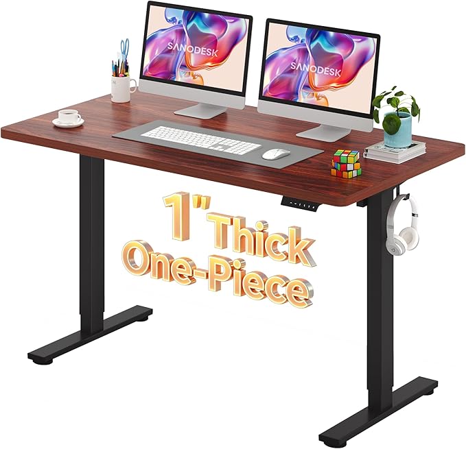 SANODESK Electric Standing Desk 55 x 28 Inches Whole-Piece Desktop Height Adjustable Stand Up Desk w/6-Button Controller Ergonomic Computer Desk for Home Office, Black Frame + Mahogany Tabletop