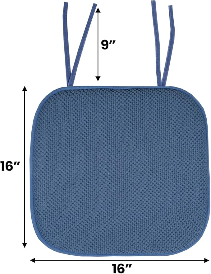 Sweet Home Collection Chair Cushion Memory Foam Pads with Ties Honeycomb Pattern Slip Non Skid Rubber Back Rounded Square 16" x 16" Seat Cover, 12 Pack, Blue 12 Pack