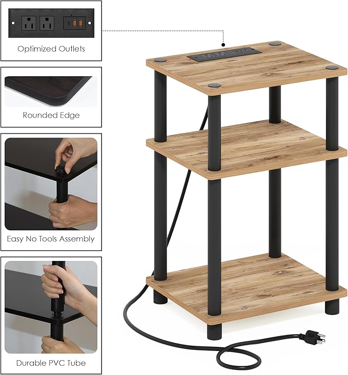 Furinno Just 3-Tier Turn-N-Tube USB and Type-C Charging Port End Table with Open Storage, 11.42 (W) x 8.82 (H) x 6.77 (D) inches, Flagstaff Oak/Black