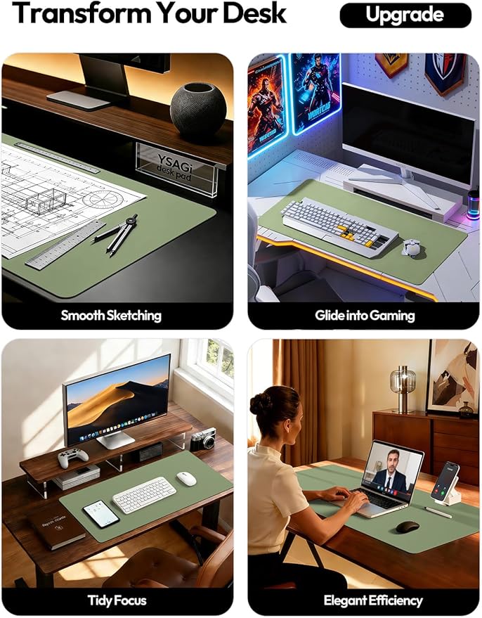 YSAGi Leather Desk Protector, Office Mat, Large Mouse Mat, Non-Slip PU Leather Blotter, Laptop Desk Mat, Waterproof Writing Pad for Office and Home(Bamboo Green, 42" x 17.2")