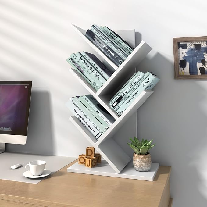 Godferyxin Small Bookcase for Desk Decor, 5-Tier White Wood Small Bookshelf – Compact Corner Mini Bookcase for Bedroom, Office, or Apartment, Holds Books, CDs, and Decor Book Tree Bookshelf