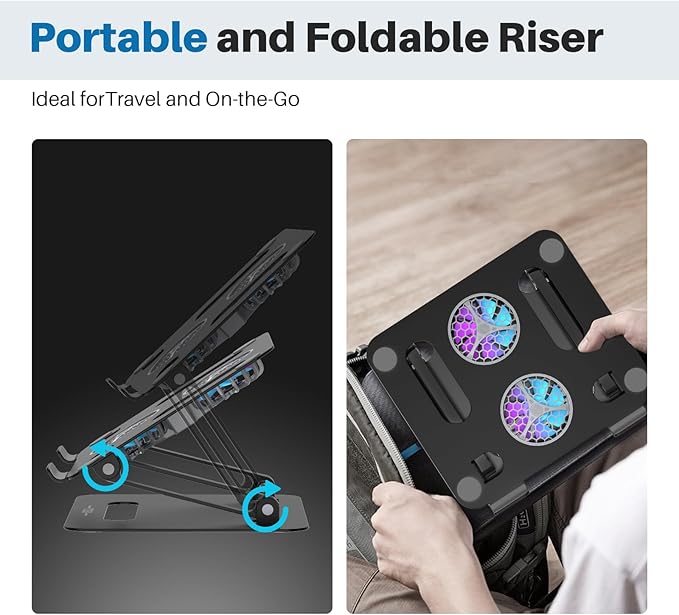 YICOSUN Adjustable Laptop Cooling Stand with 2 Quiet Fans & RGB Lighting, Aluminum Alloy & Foldable Ergonomic Design for MacBook, Lenovo, ASUS, Dell 10-16 Inch, Perfect for Gaming, DJ, Office - Black