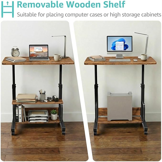 WINAZ C Shaped Rolling Laptop Desk - 32" Rustic Brown Mobile Portable Small Desk with Wheels for Small Spaces, Height Adjustable Overbed Table with 2-Tier Storage Shelves