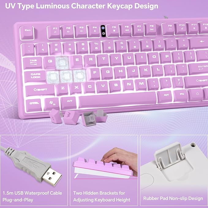 CHONCHOW LED Keyboard and Mouse Combo,Wired 87 Key Mechanical Feel Anti-ghosting Backlight Keyboard with Multimedia Keys for Windows, Mac Desktop/Laptop/PC (Purple)