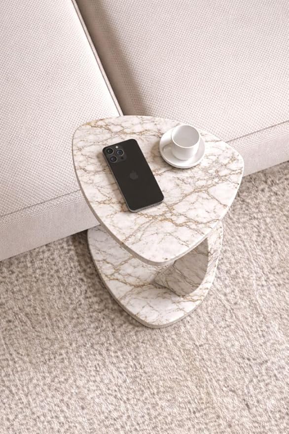C Shaped Triangular Top Table for Couch Small Places, Space Saver Sheild Top Side Table for Sofa and Bedside with Wheels, Coffee and Eating Snack for Living Room, Office (White Marble)