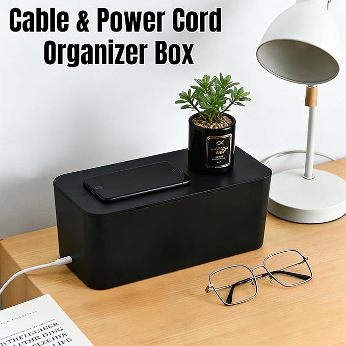 1 Large + 1 Small Cable Management Box Set – 2-Piece Cord Organizer Box, Home Office Desk Wire Storage & Cable Management Solution (Acryliclid lid/Black)