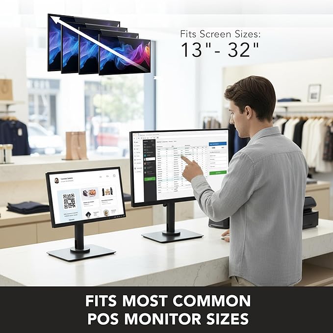 Mount-It! POS Monitor Stand, Adjustable Desktop VESA Mount for 13–32 Inch Screens, Height Adjustable Full Motion Swivel Tilt Rotation, Freestanding or Bolt-Down Base for Retail, Kiosks, Checkout