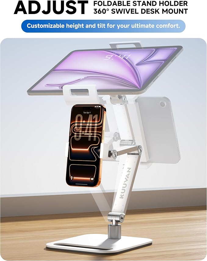Portable Monitor Stand Holder for 15.6'',17.3'', Tablet Stand Holder for iPad, Aluminum Alloy Foldable Arm Mount with 360° Swivel Desk Mount Compatible with 4.7-17.3inch Tablet (White)