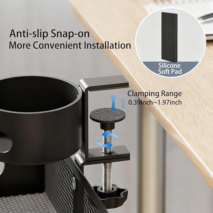 Clamp-On Under Desk Organizer with Cup Holder, 360° Rotating Mesh Drawer with Cable Hole, No-Drill Desk Drawer Organizer for Gaming Desk Accessories, Office Supplies, Coffee Mug, Dorm(2 in1)