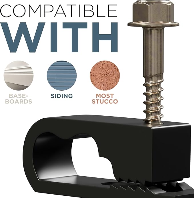 THE CIMPLE CO Dual Cable Clips with Screws - 1/2 Inch Coaxial Cable Clamps Outdoor - Exterior Cord Management for Coax, CAT Ethernet, Electrical Wire - Screw Clamps for Wires on Wall - 50 PCS, Black