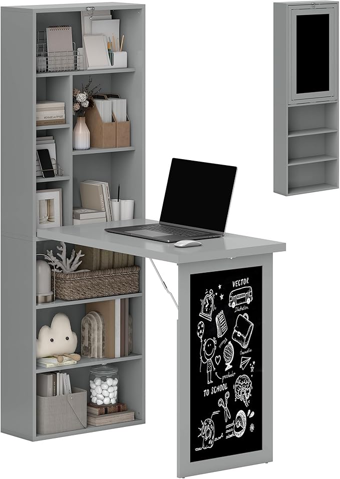 HOMCOM Fold-Out Convertible Writing Table, Computer Desk with Blackboard and Side Shelf Multi-Function Home Office Workstation, Charcoal Gray