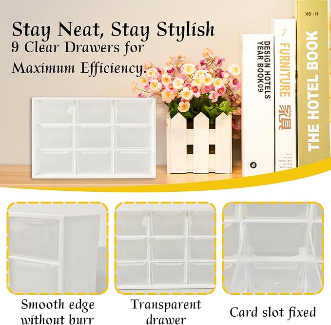 Small Drawer Organizer for Desk, 7.1" x 3.8" x 4.6" Mini Desktop Drawer Organizer with 9 Clear Drawers, Compact Craft & Office Supplies Organizer for Home School (White)
