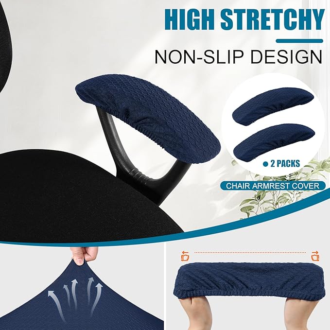 Smiry Stretch Jacquard Office Computer Chair Armrest Covers, 2PCs Removable Washable Anti-dust Desk Chair Arm Pad Covers, Navy Blue