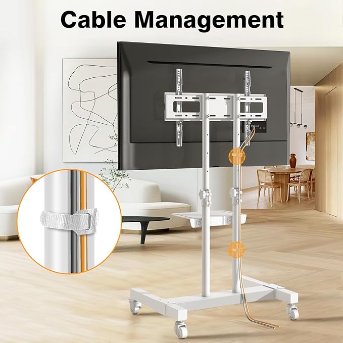 Mobile TV Stand Rolling TV Cart Floor Stand with Mount on Lockable Wheels Height Adjustable Shelf for 32-83 Inch TV Stand Flat Screen or Curved TVs Monitors Display Trolley Loading 110 lbs, White