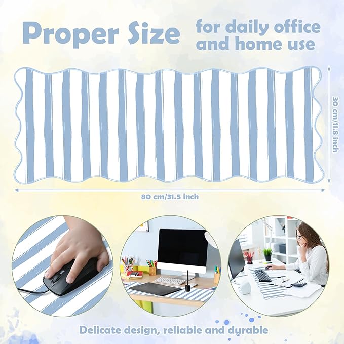 Copkim 1 Pcs Blue Scalloped Striped Desk Mat 31.5 x 11.8 Inch Large Cute Mouse Pad Computer Mat Non Slip Waterproof Rubber Base with Border Stitching Soft Keyboard Pad for Home Office Gaming Makeup