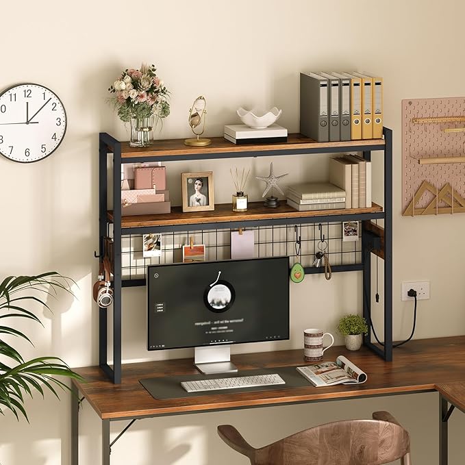 HOOBRO Desktop Bookcase, 37.4" Large Desk Shelf, 2-Tier Desktop Organizer, Wooden Office Storage Rack with Outlets, Display Shelf Rack with Light Strip, Desk Hutch for Office, Rustic Brown BF13UDSJ01