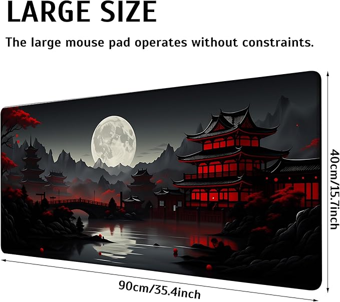 Japan Red Black Full Moon Mouse Pad,35.4 x 15.7 Inch Large Mouse Mat Non-Slip Rubber Stitched Edges for Writing Desk,Office,Home,Laptop