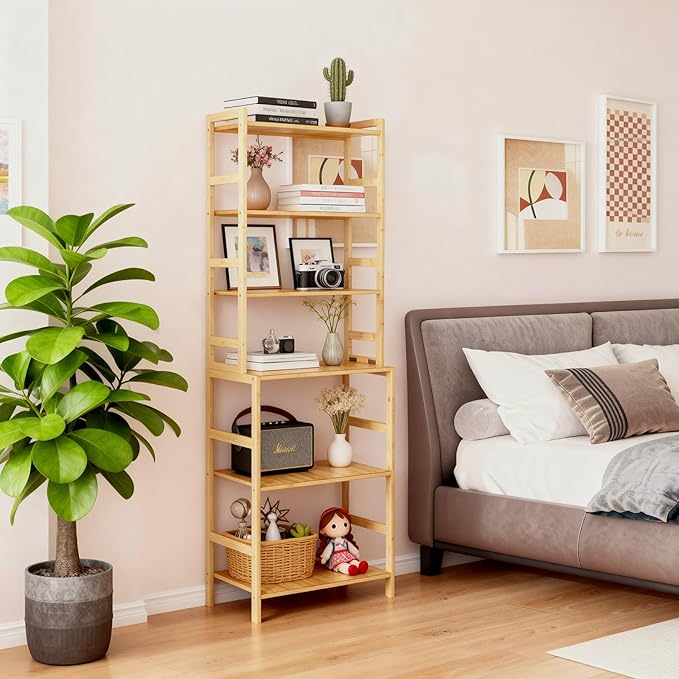 Bamboo Living Room Bookcases, 6 Tier Standing Ladder Shelf Bookshelf, Multifunctional Narrow Shelving Unit Storage Rack for Garage, kitchen, Office, Bookroom, Corner, 42 x 30 x 160 cm