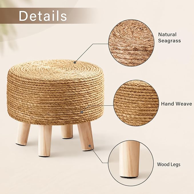 Wimarsbon Round Foot Stool Natural Seagrass Poufs Ottoman Hand Weave Footrest Stool for Couch Desk Extra Seat Step Stool with Solid Wood Legs for Hallway Patio Lounge Natural