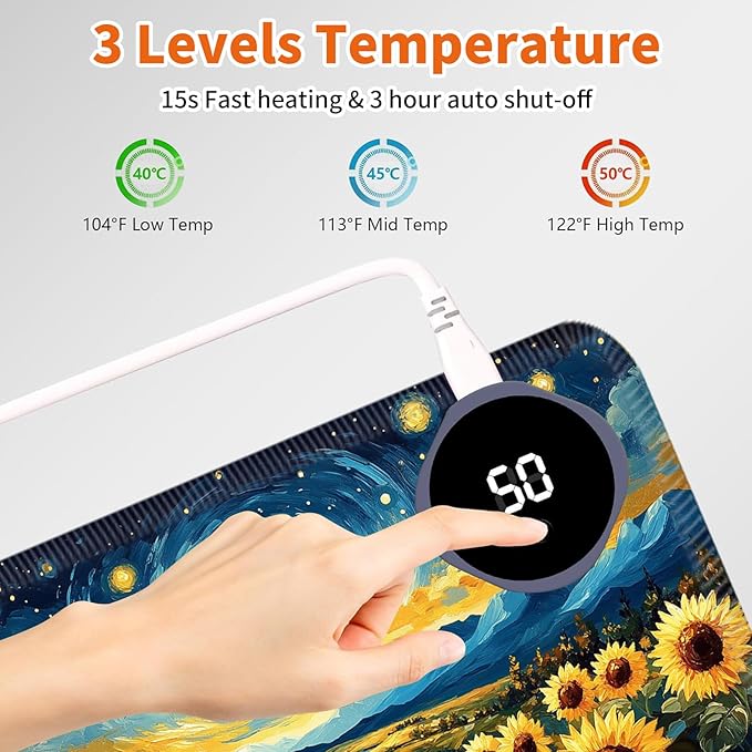 Heated Mouse Pad,Warm Desk Pad with 3 Levels Heating & 3 Hours Auto Shut-Off, PU Leather Heated Desk Pad Warmer Pad for Home Office - 23.6 x 14.2 inch,Starry Sky Sunflower