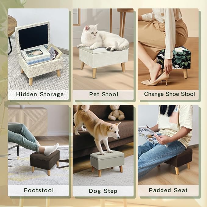 lumizone Small Ottoman Foot Rest Modern Storage Ottoman Foot Stool Padded Seat Pet Step for Dog Under Desk Stool for Living Room Bedroom Office Entryway (Brown)