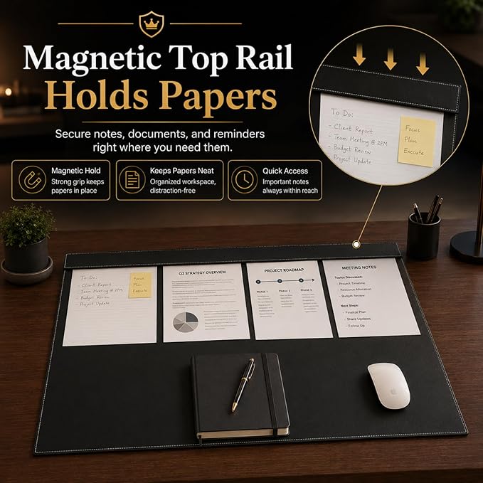 Fumete 31.5" x 17.7" PU Leather Desk Pad Mat, Large Waterproof Desk Blotter with Top Rail, Dual-use Writing Board & Mouse Pad for Office Home Desktop