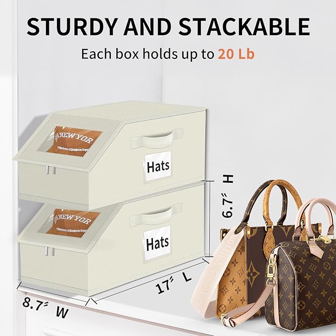 Aokeyee Hat Organizer for Baseball Caps - 2PCS Stackable Storage with Clear Window Lid, Flip-Top Access, Space-Saving Hat Box for Closet, Breathable Fabric (beige)