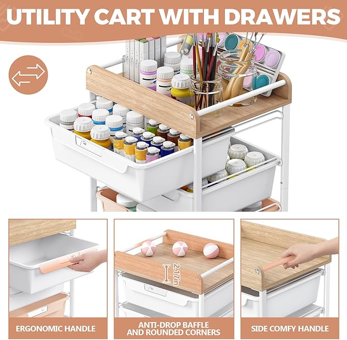 SYKIARIOL Rolling Storage Utility Cart with 4 Drawers,Kids Craft Art Cart,Makeup Organizer and Storage with Wooden Tabletop,Pearl