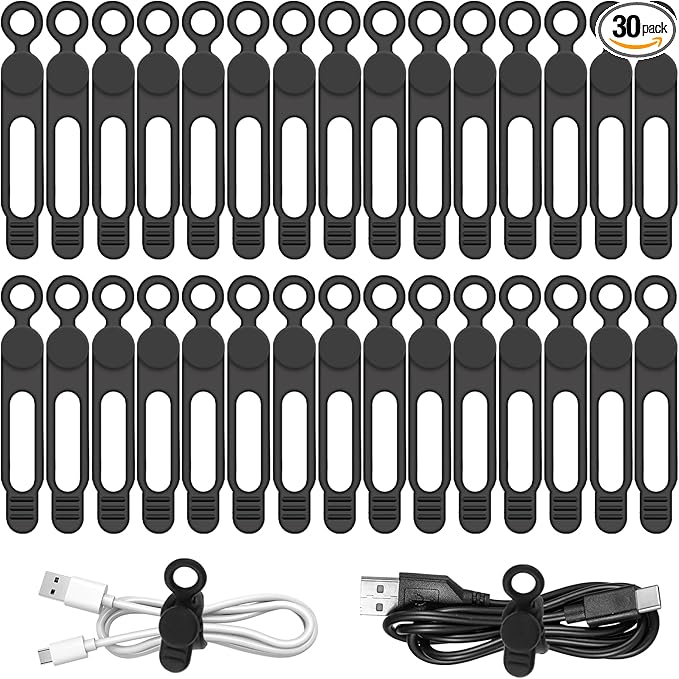 30Pcs Silicone Cord Organizer Reusable 3in Cable Ties for Charging Cords, Data Cables, Computer Wires Electrical Cord Organization Black