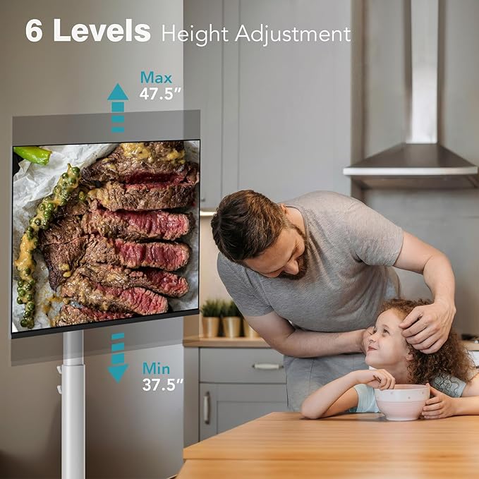 Floor Mobile TV Stand with Power Outlet, Rolling TV Cart for 27-65 Inch OLED LED Monitors, 6 Levels of Height Adjustment, Ambient Lighting on the Bottom Wheels Holds up to 88lbs, 400x400mm