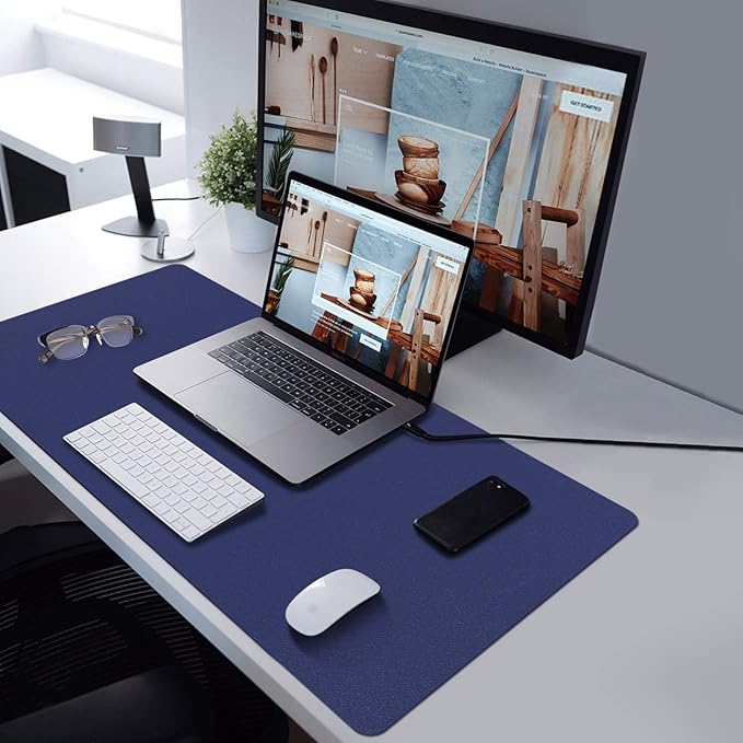 TOWWI PU Leather Desk Pad with Suede Base, Multi-Color Non-Slip Mouse Pad, 32” x 16” Waterproof Desk Writing Mat, Large Desk Blotter Protector (Dark Blue)